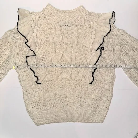 En Saison Anthropologie Dee Ruffled Sweater Cream Balloon Sleeve Pointelle S EUC - Picture 9 of 14